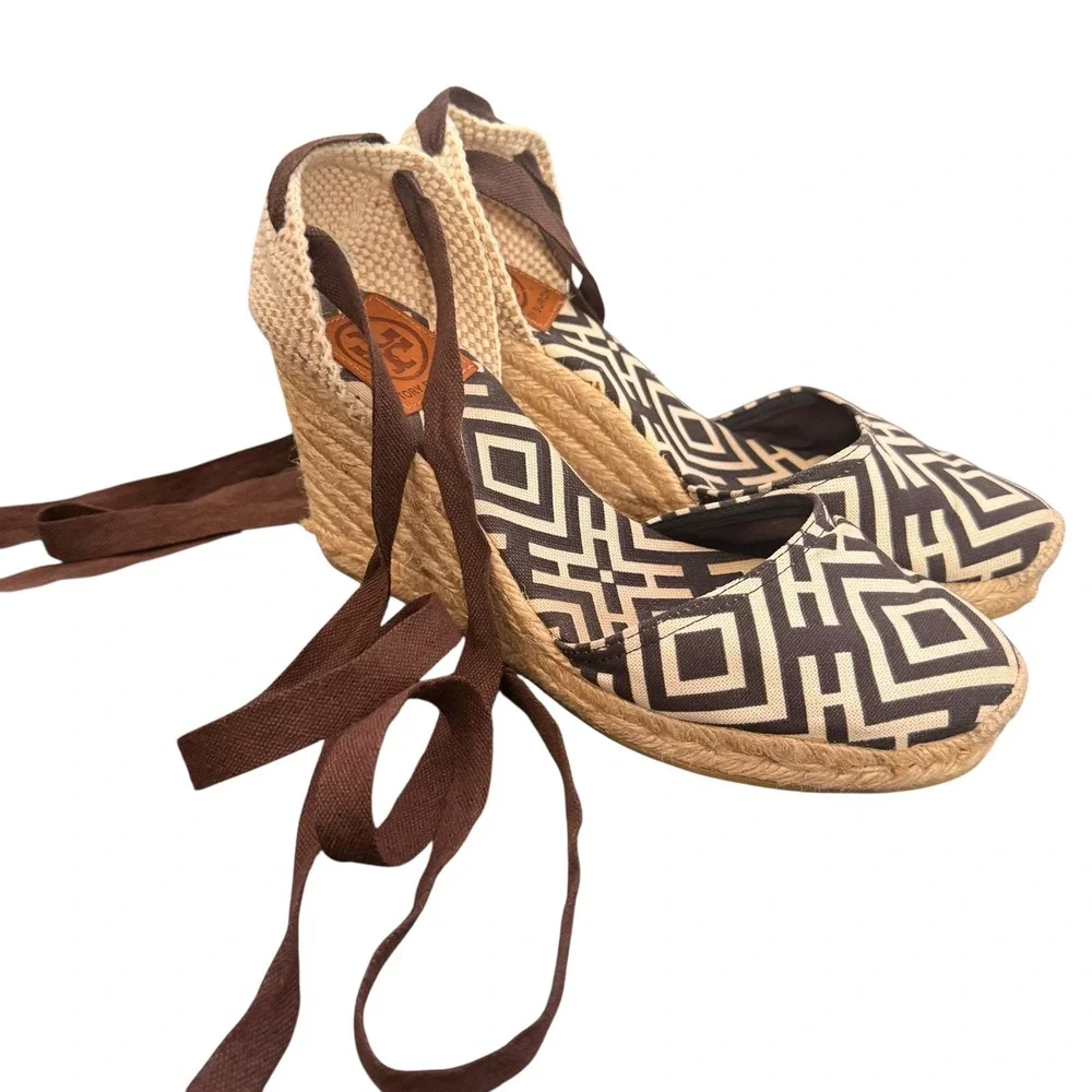 Tory Burch Wedge Espadrille Lace Up Ankle Strap 38 Geometric Canvas Resortwear